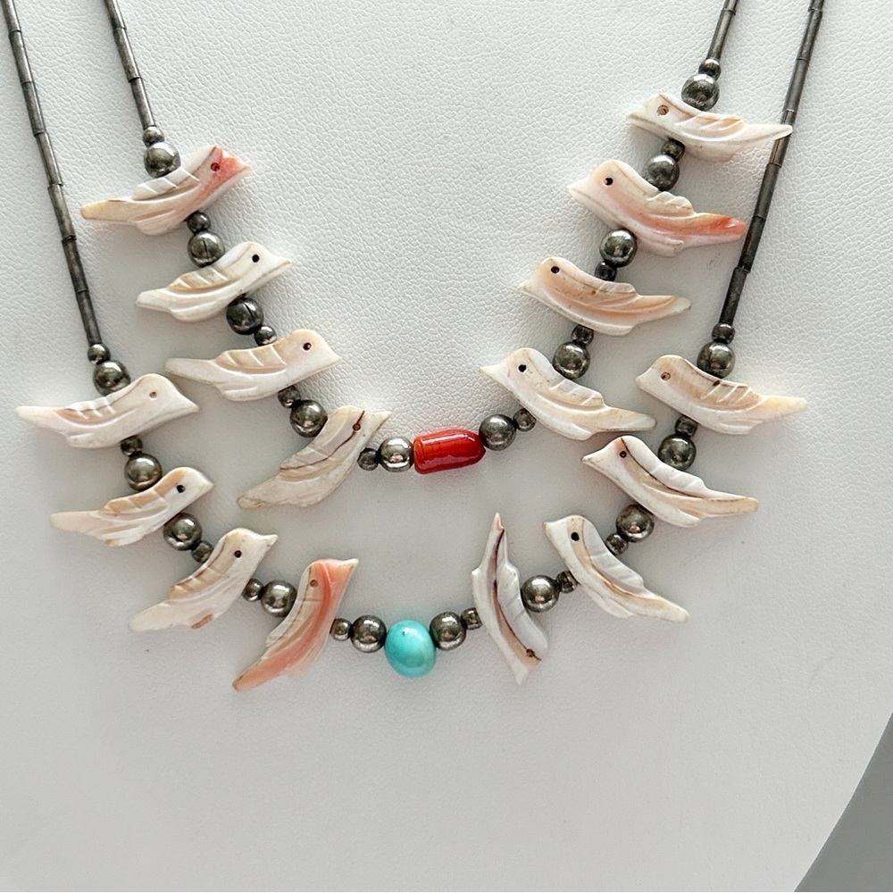 Vintage Southwestern Two Strand Fetish Turquoise Coral Sterling Silver Necklace - Picture 10 of 13